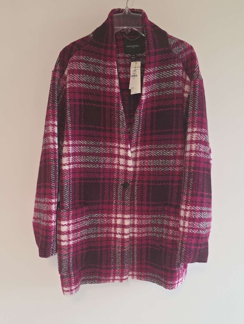 Banana Republic Knit Coat Jacket Womens XXL Shawl Collar Pink Plaid Wool Blend